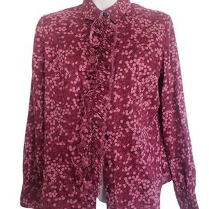 New York & Company Burgundy & Pink Bokeh Ruffle Front Polka Dot Blouse